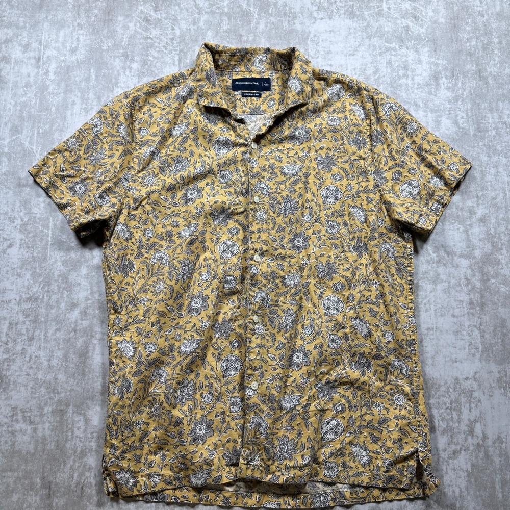 Abercrombie & Fitch Button Down Mens L Yellow Floral Linen Blend Short Sleeve - Picture 2 of 6
